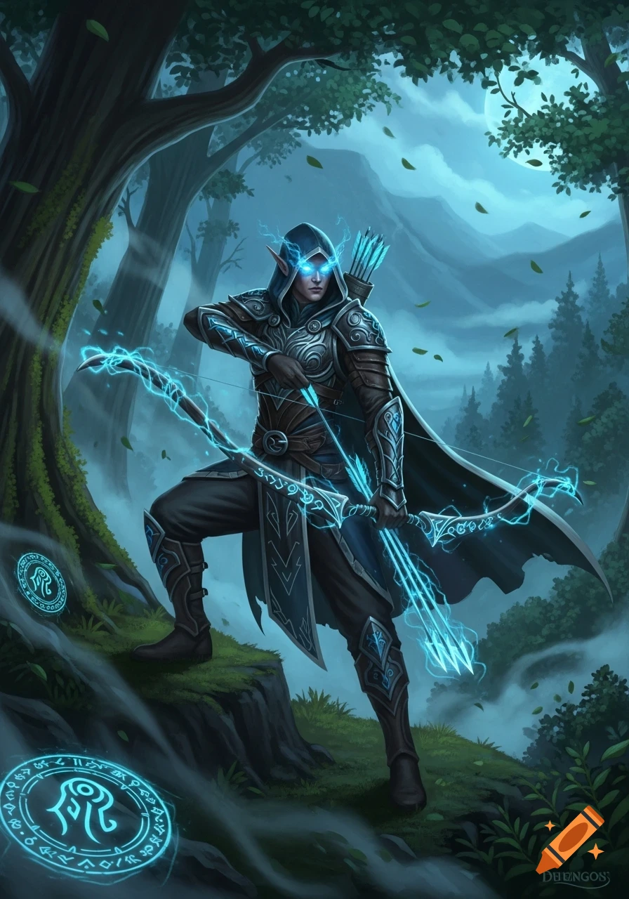 An elf arcane archer with glowing eyes and a lightning bow stands in a mystical forest under a blue moon.