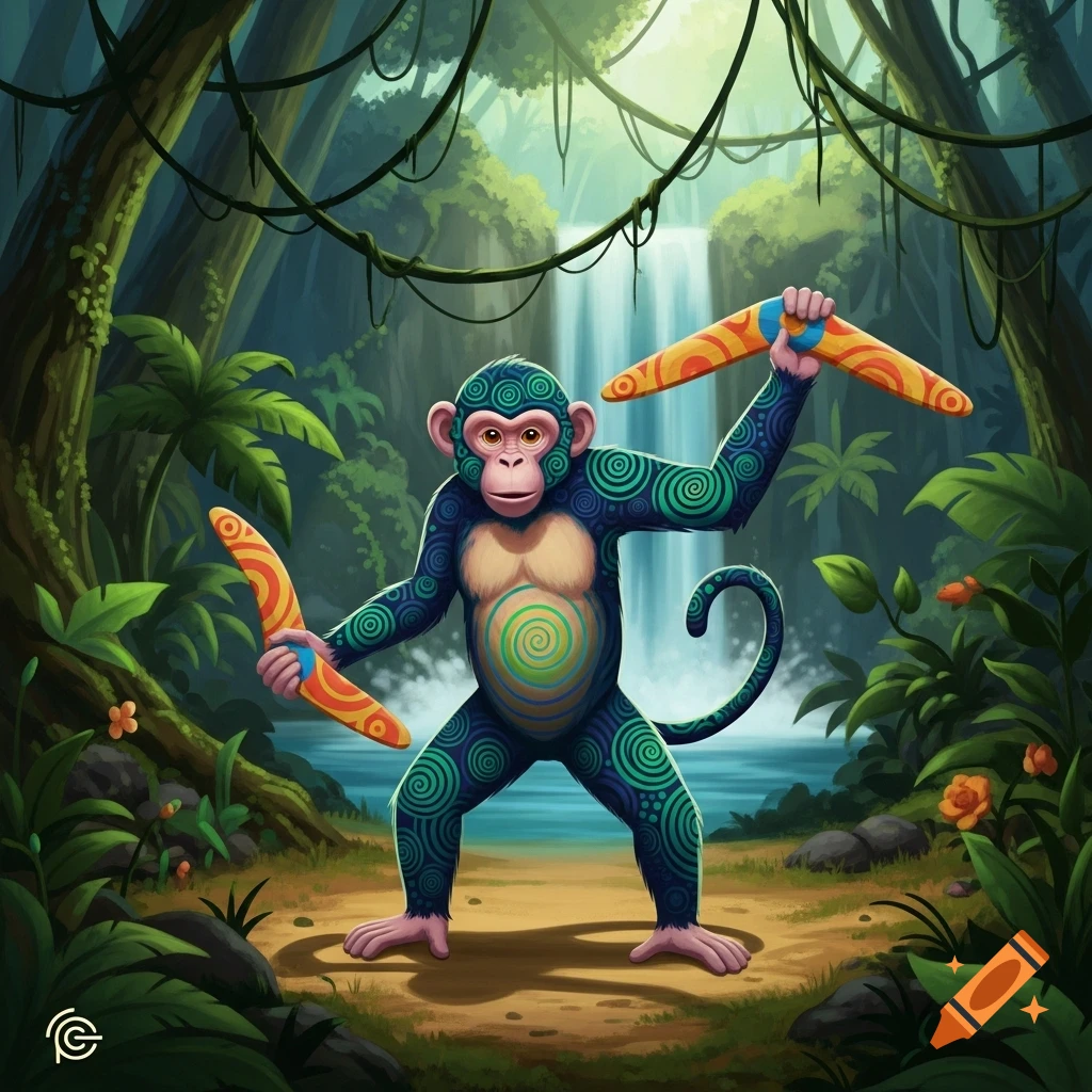 A vibrant, stylized monkey with swirling green and blue patterns stands in a lush jungle, holding two orange boomerangs with a waterfall behind it.