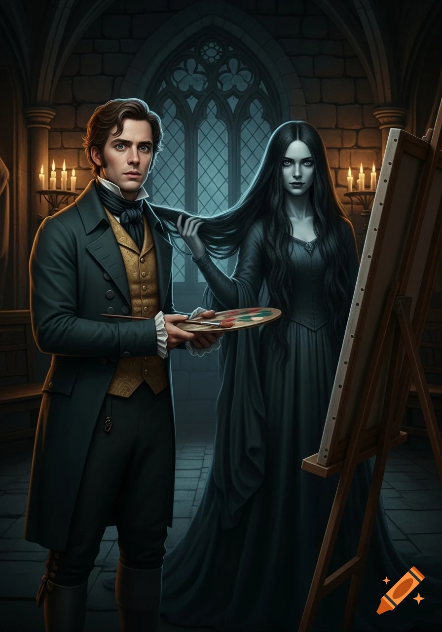 A frightened man paints a ghostly woman with long black hair in a dark, candlelit gothic room, realistic style.