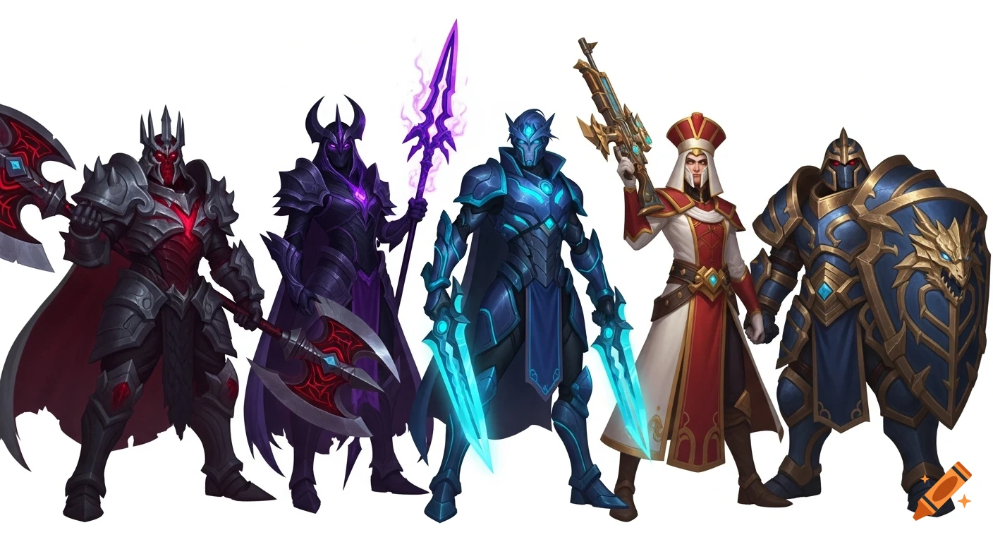 Five armored fantasy warriors from League of Legends, each in unique colored armor and holding distinctive weapons, in a splash-art style.