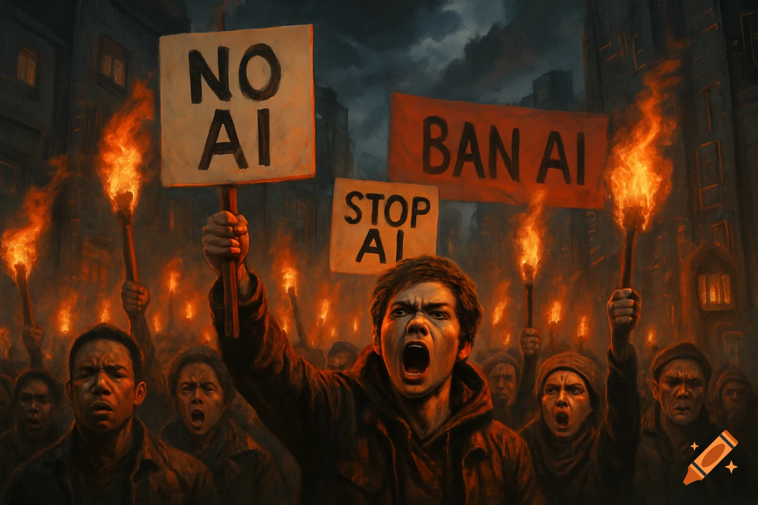 Dramatic painting of an angry crowd protesting against AI at night, holding torches and signs reading "NO AI," "BAN AI," and "STOP AI."