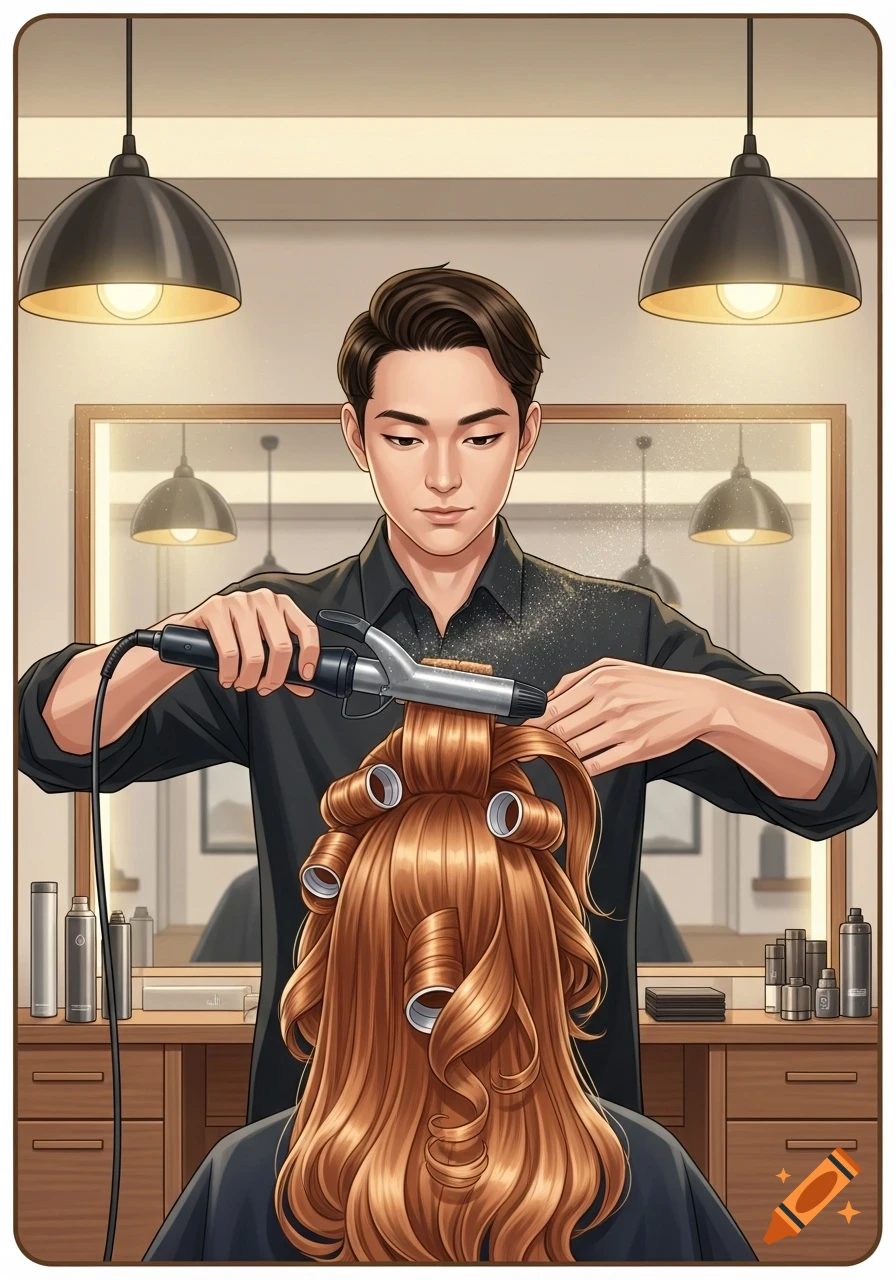 A male hairdresser uses a curling iron on a woman's hair, which is already partially in curlers, in an anime-style salon.