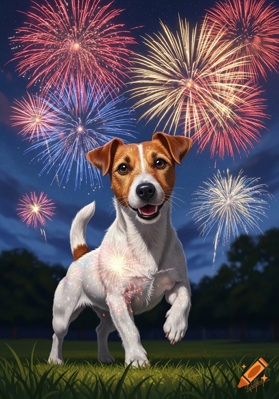 A happy Jack Russell Terrier stands in grass with red, white, and blue fireworks exploding in the night sky behind it, digital illustration.