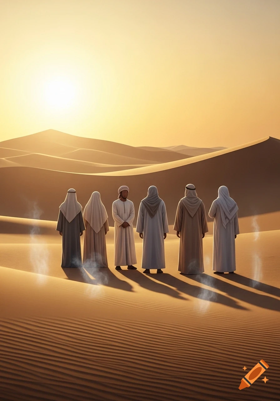 Six robed figures stand facing away in a vast, sunny desert landscape with undulating sand dunes under a bright sky.