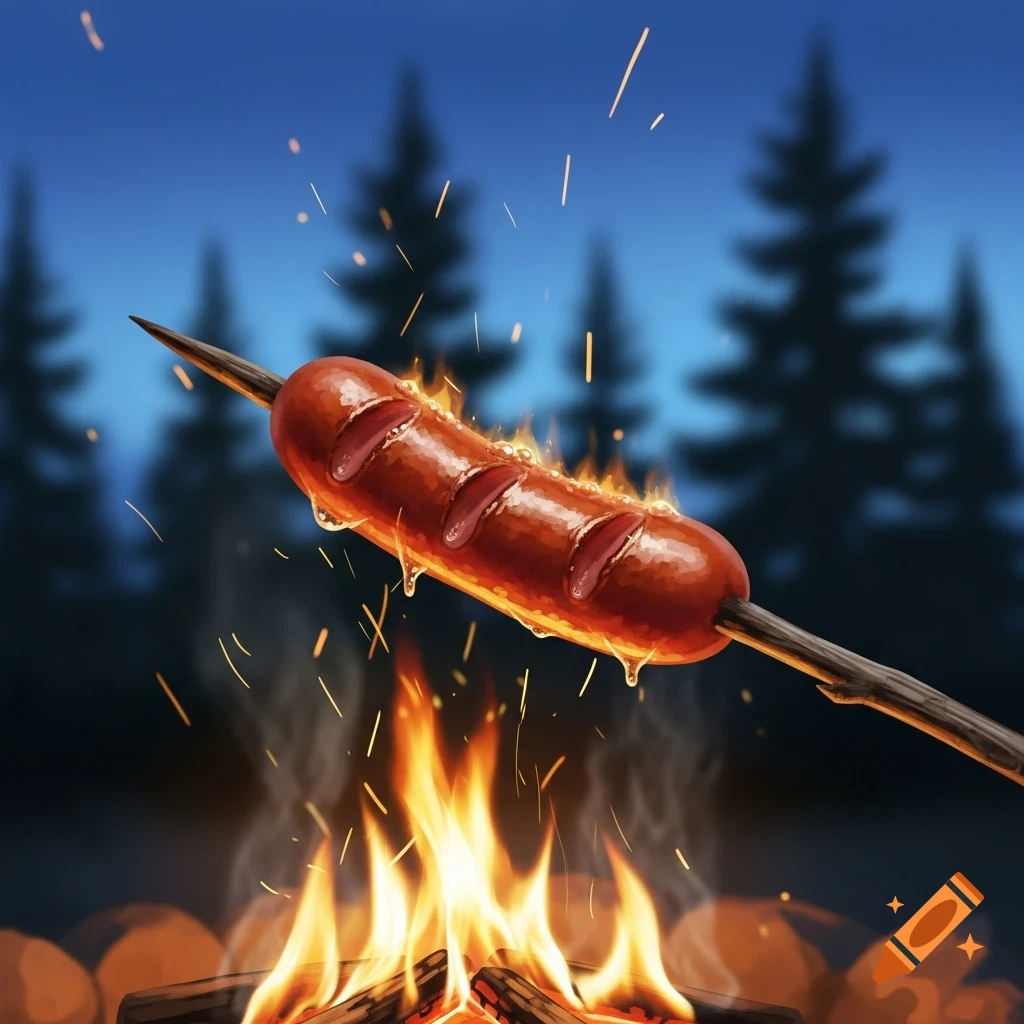 Illustrative image of a sausage on a stick roasting over a campfire at night, with flames, sparks, and blurred trees in the background.
