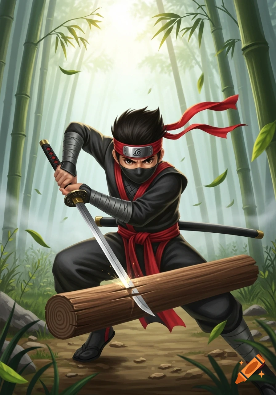Illustrated ninja boy in a bamboo forest, crouched and cutting a log with a katana.