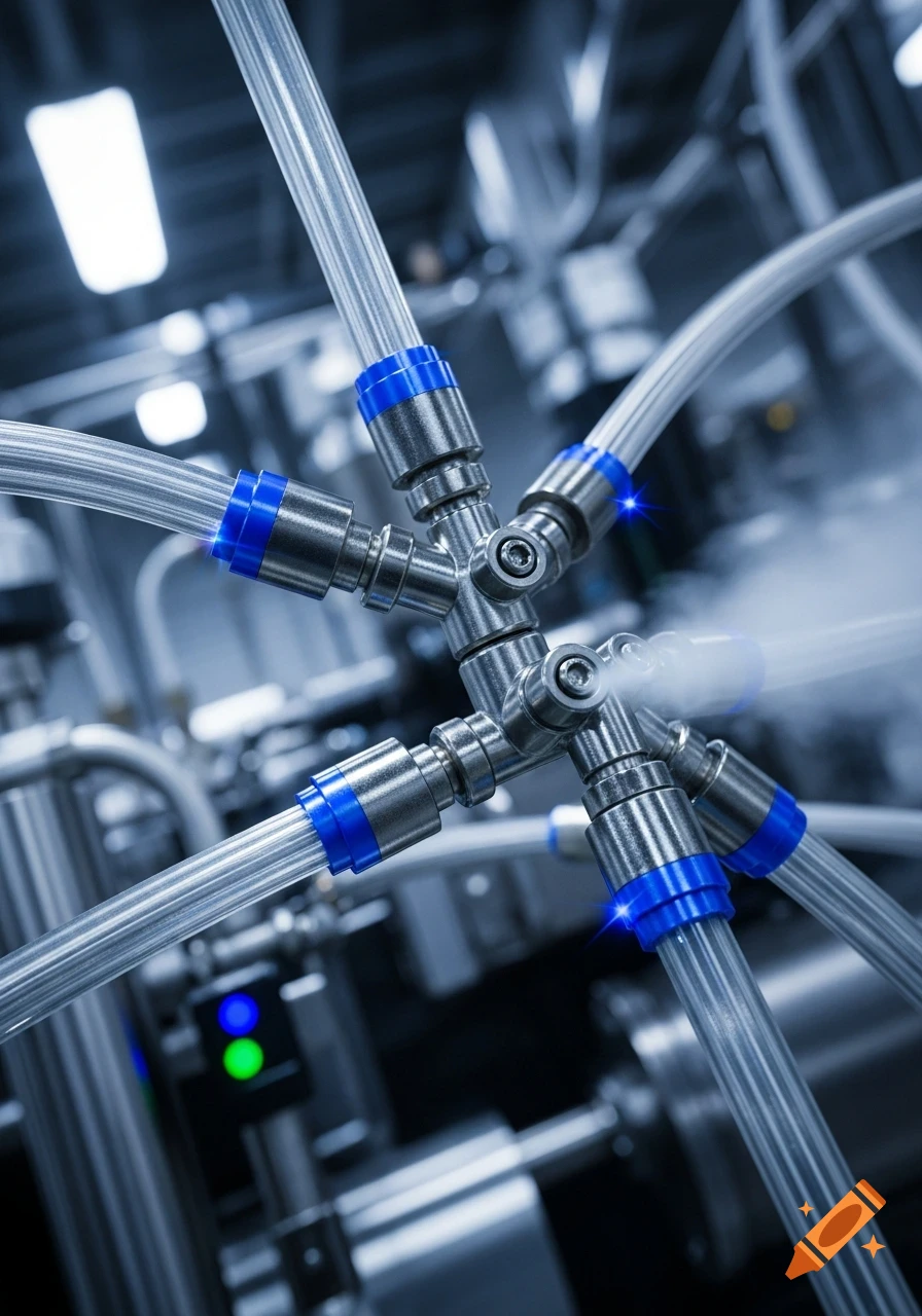 Close-up of translucent tubes connected by metallic fittings with blue rings, emitting light and steam, in a high-tech industrial setting.