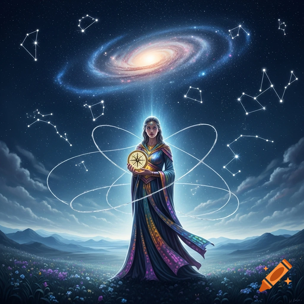 A mystical woman in a flowing dress holds a glowing compass in a starry field beneath a galaxy and constellations.