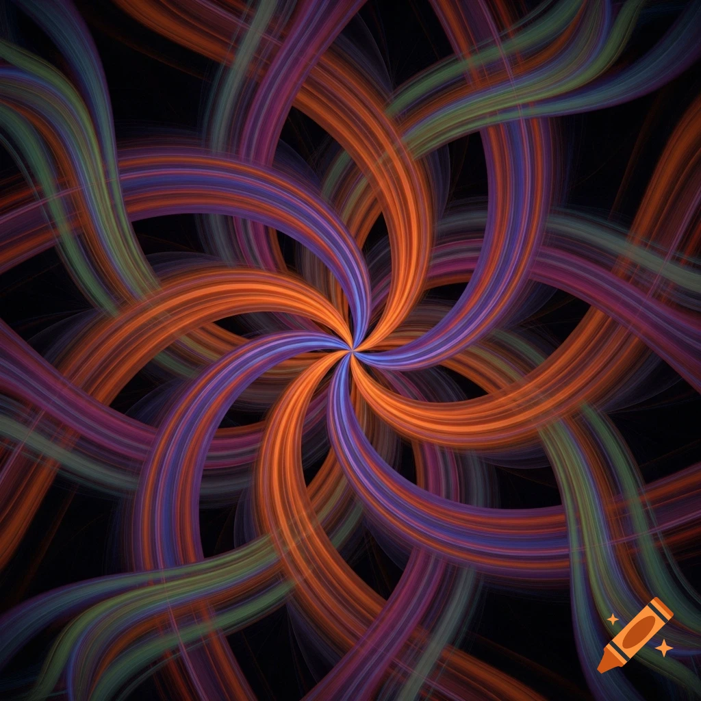 Colorful abstract pattern of intertwined glowing bands swirling on a black background.