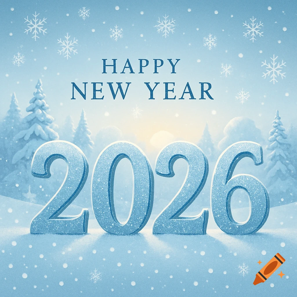 Happy New Year 2026 greeting card with sparkling numbers and text in a snowy winter forest scene with falling snowflakes.