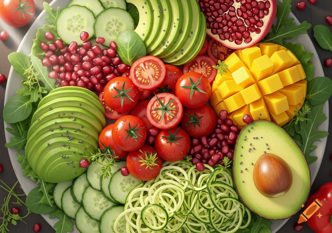 A vibrant, photorealistic platter with sliced avocado, fresh tomatoes, mango, cucumber, pomegranate seeds, and zucchini noodles.