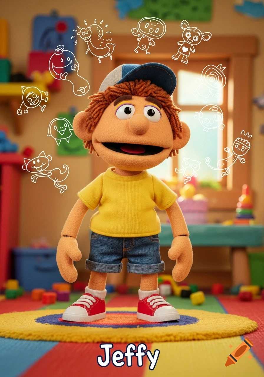 A puppet named Jeffy, with a yellow shirt, blue shorts, and a cap, stands in a colorful playroom surrounded by white doodle drawings.