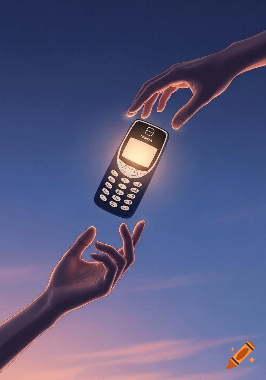Two stylized hands reach towards a glowing Nokia feature phone, suspended against a gradient twilight sky.