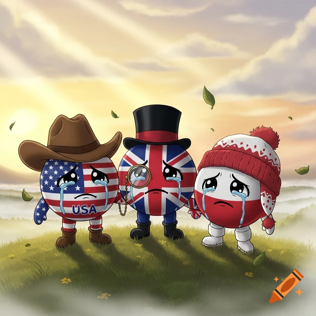 Cartoon countryballs of USA (cowboy hat), UK (top hat), and Poland (winter hat) crying on a grassy hill with a misty, sunrise background and falling leaves.