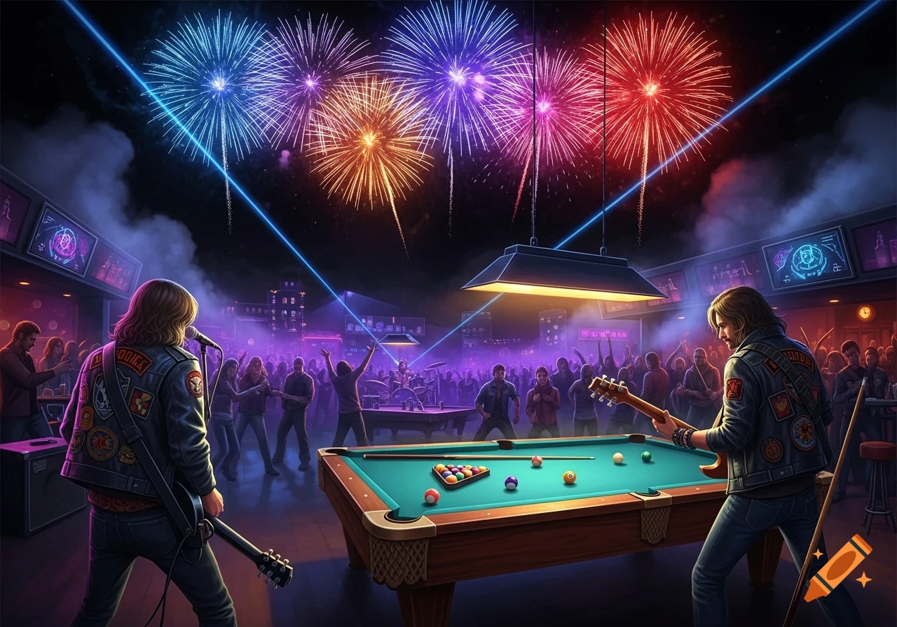 Two musicians on stage in a lively bar with a pool table, playing rock music under a sky filled with colorful fireworks and laser lights.