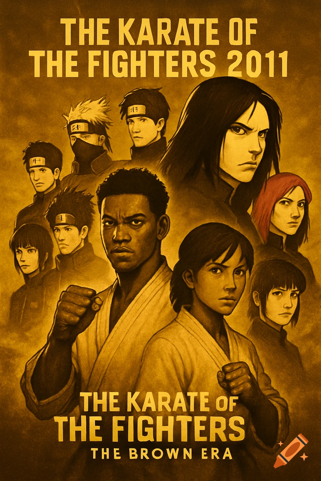 Anime-style movie poster featuring a diverse group of martial artists in fighting stances on a golden background, with movie titles.