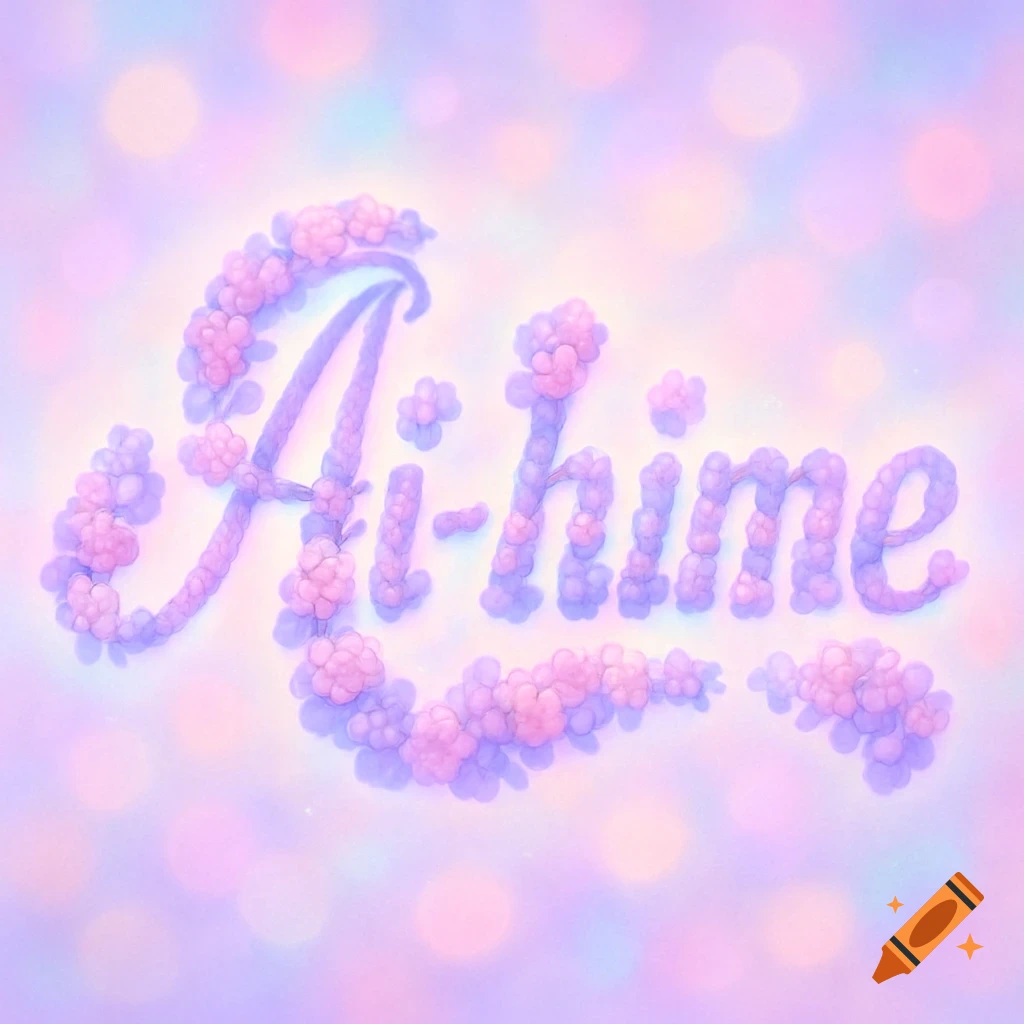 The word 'Ai-hime' rendered in puffy pink and purple flowers, on a soft pastel bokeh background.