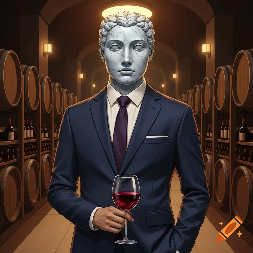 A man with a cracked stone statue head, wearing a blue suit and purple tie, holds a glass of red wine in a dimly lit wine cellar.