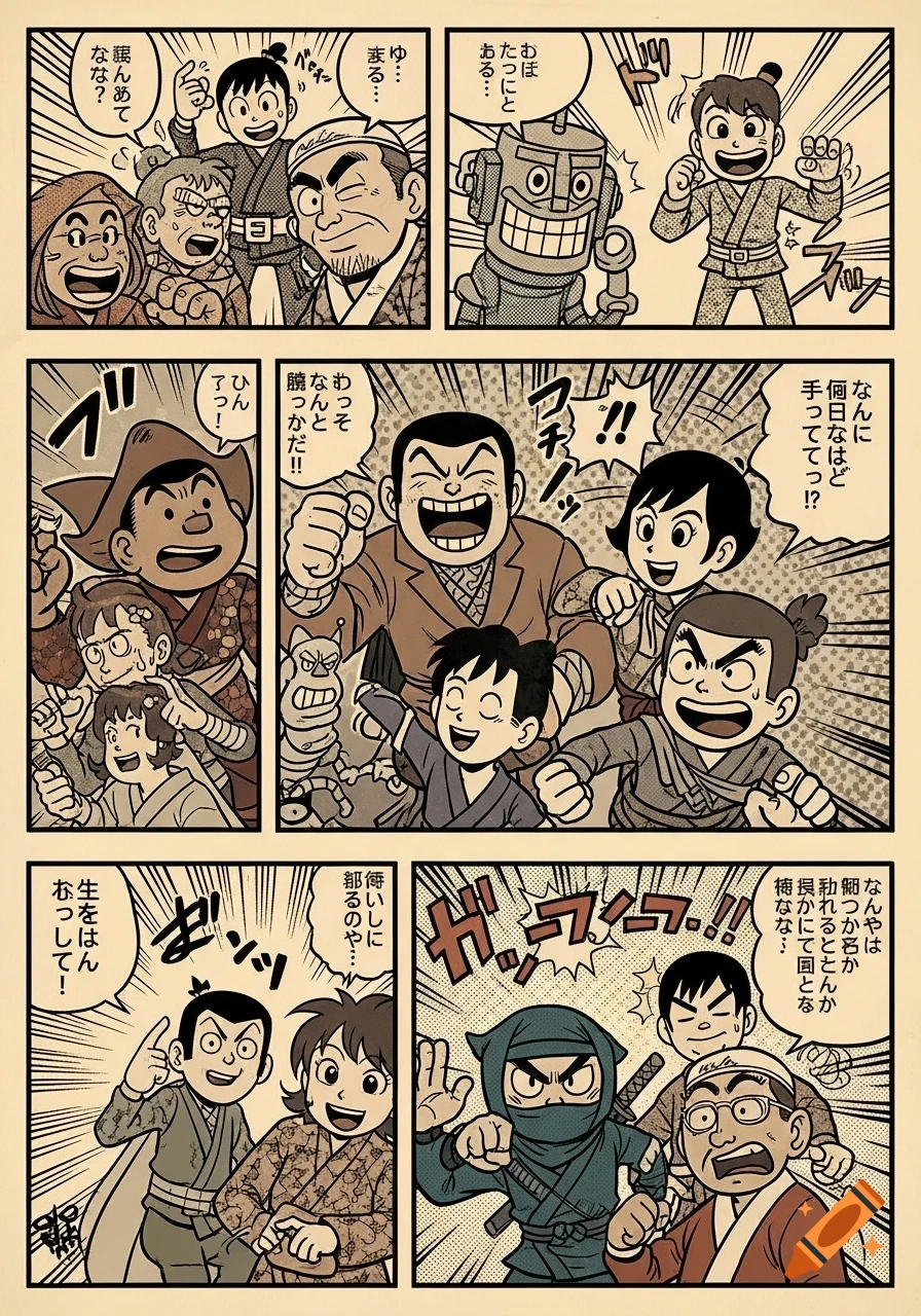 A multi-panel vintage Japanese comic strip featuring various animated characters, including ninjas, talking and expressing emotions.