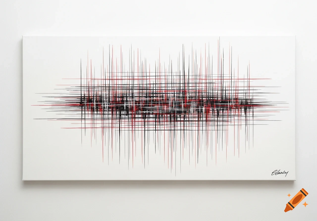 Abstract painting with a central dense pattern of intersecting black and red lines on a white canvas.