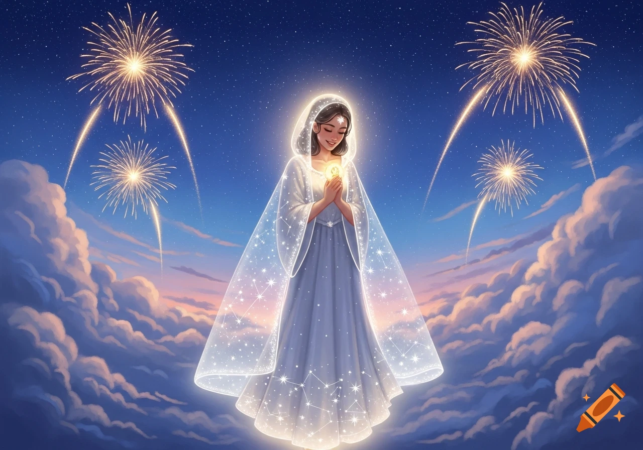 A woman in a glowing white dress and veil floats among clouds, holding a light, with fireworks exploding in a starry sky. Illustrative style.
