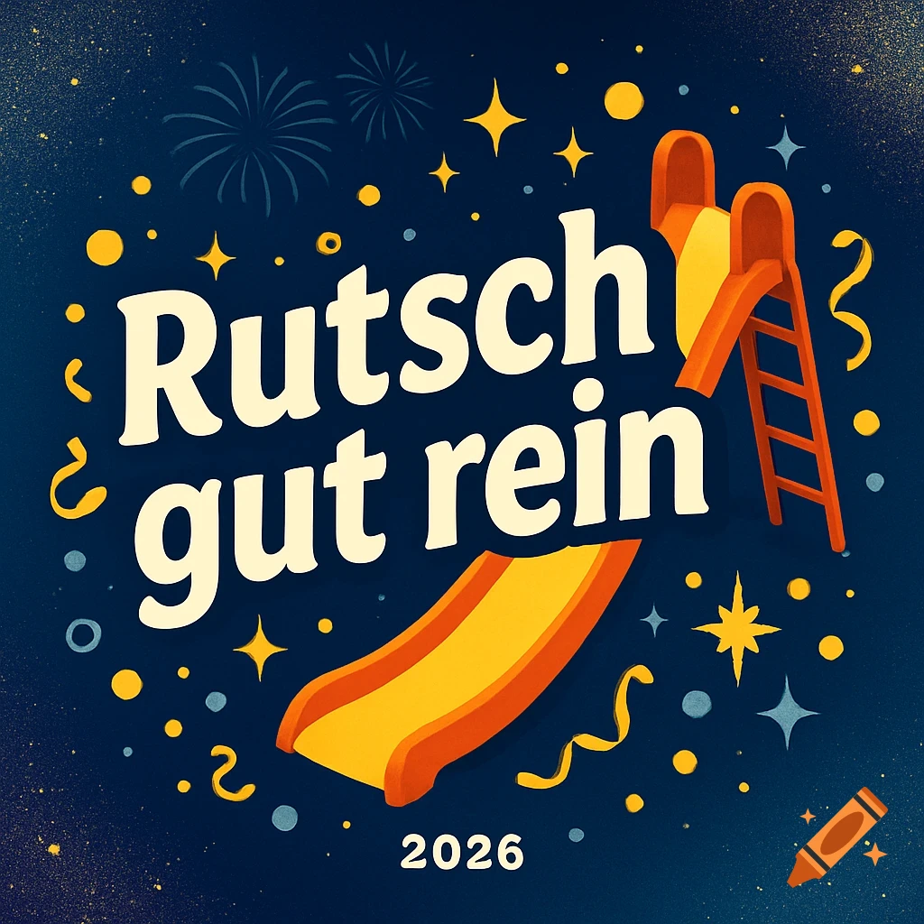 A festive, dark blue illustration for New Year with "Rutsch gut rein" and "2026" text, a yellow slide, fireworks, and gold confetti.