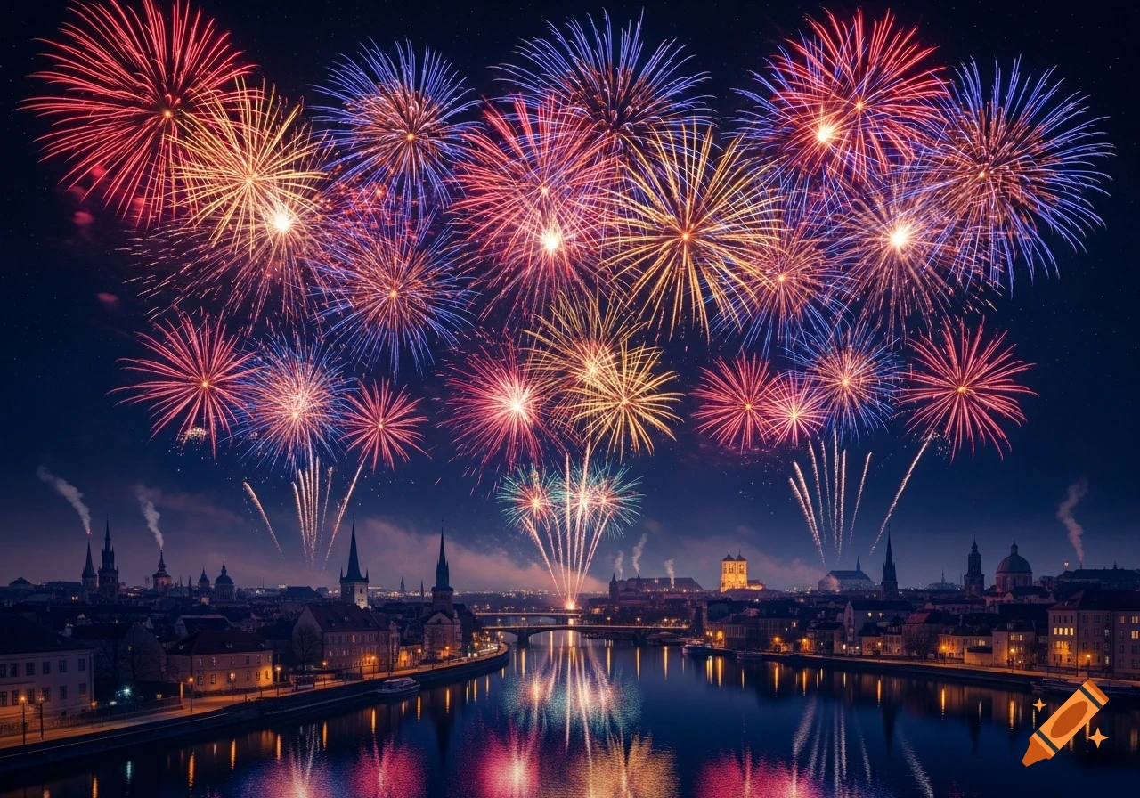 Colorful fireworks explode in the night sky over a European city with a river reflecting the lights and fireworks.