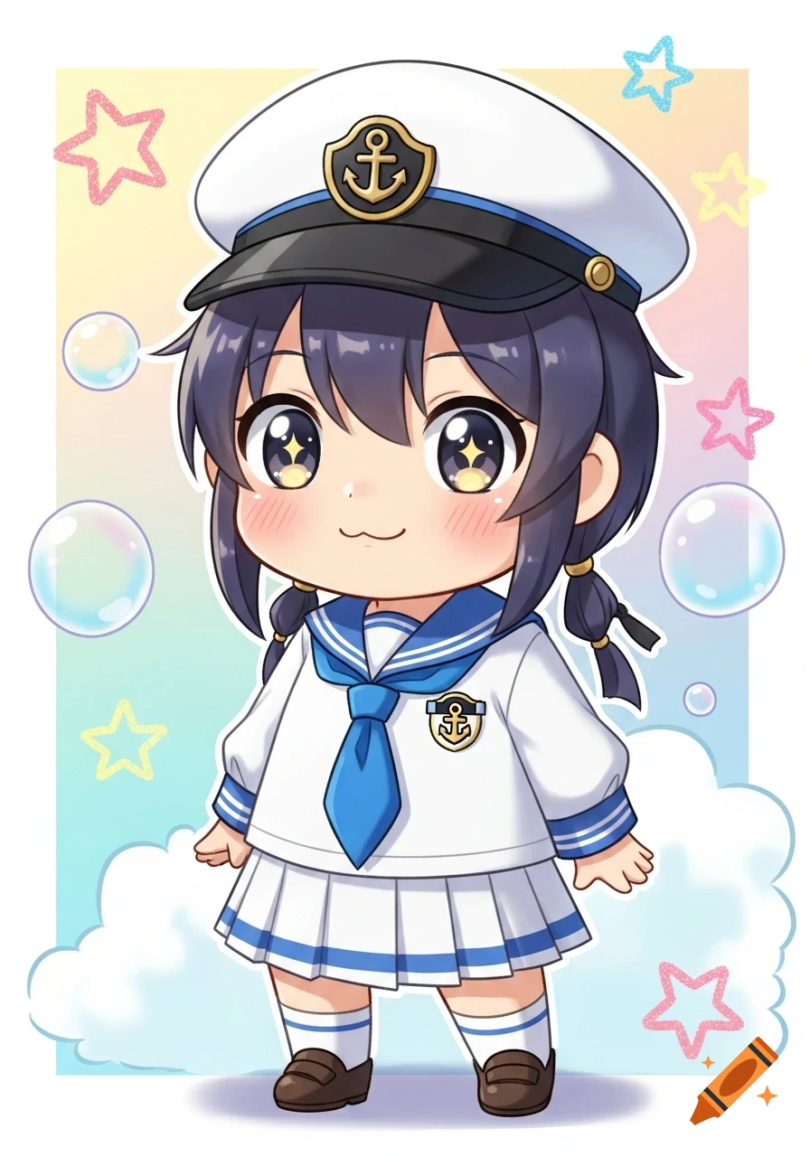 A cute, chibi anime girl with dark hair, wearing a white and blue sailor uniform and hat, stands against a pastel background with stars and bubbles.