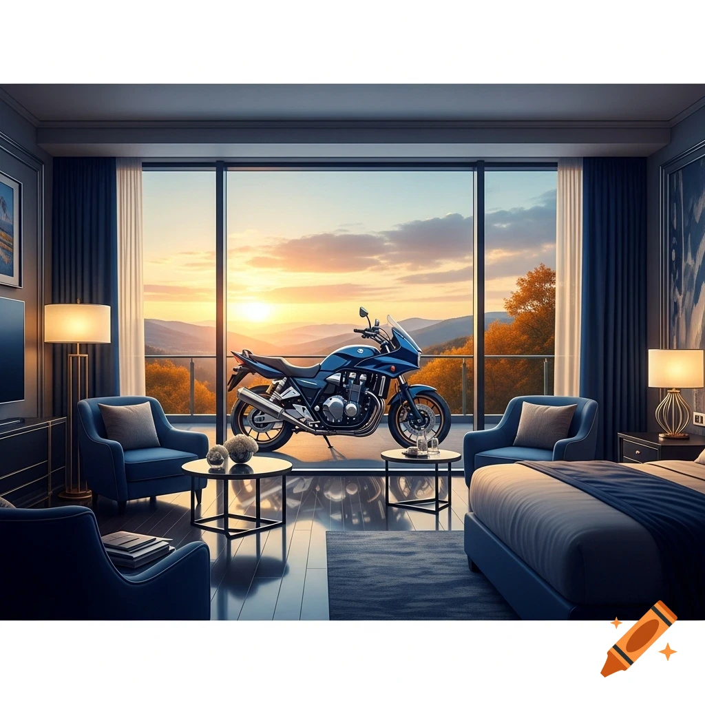 A blue motorcycle parked on a hotel room balcony with a scenic mountain sunset view.