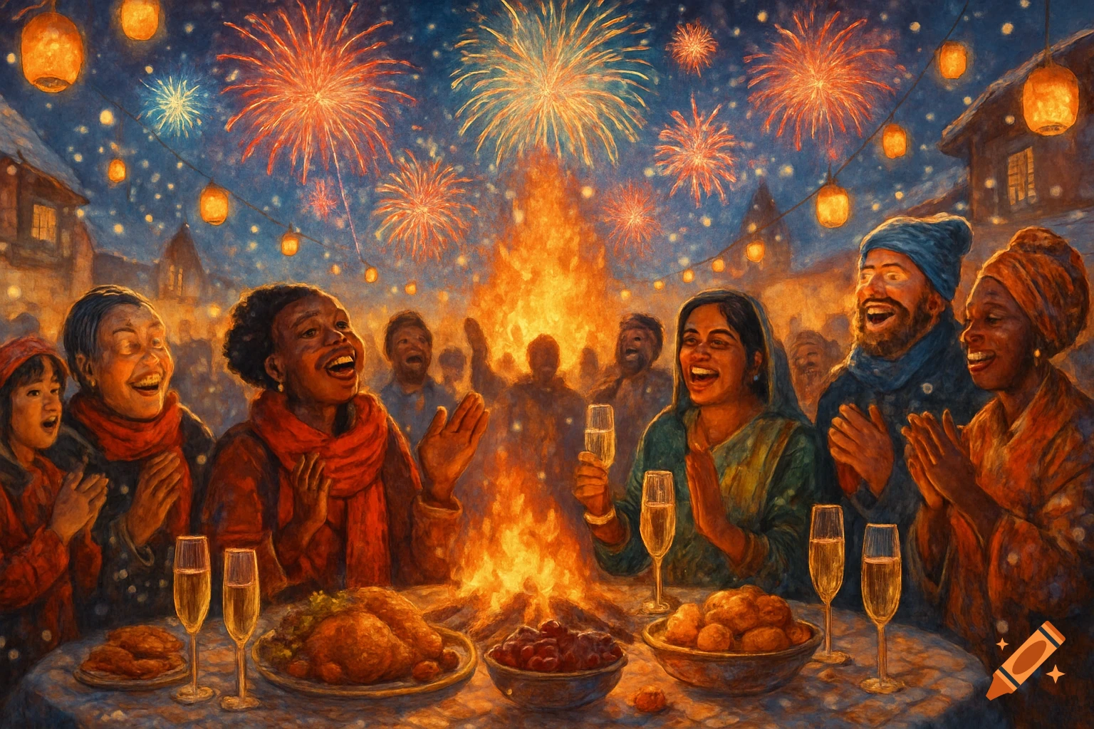 A diverse group celebrates New Year's outdoors, gathered around a table with food, a bonfire, and fireworks illuminating the snowy night sky in a painterly style.