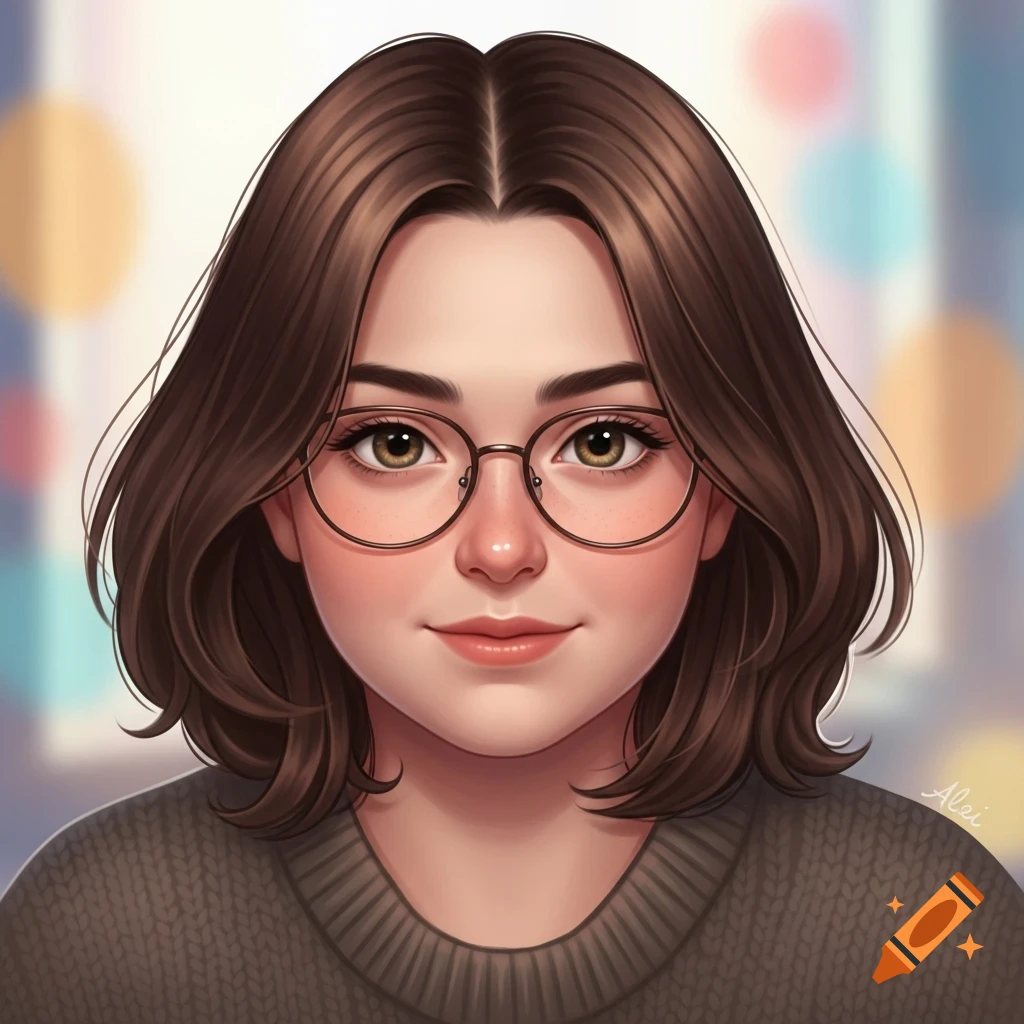An anime-style illustration of a person with short brown hair, hazel eyes, and round glasses, wearing a brown sweater.