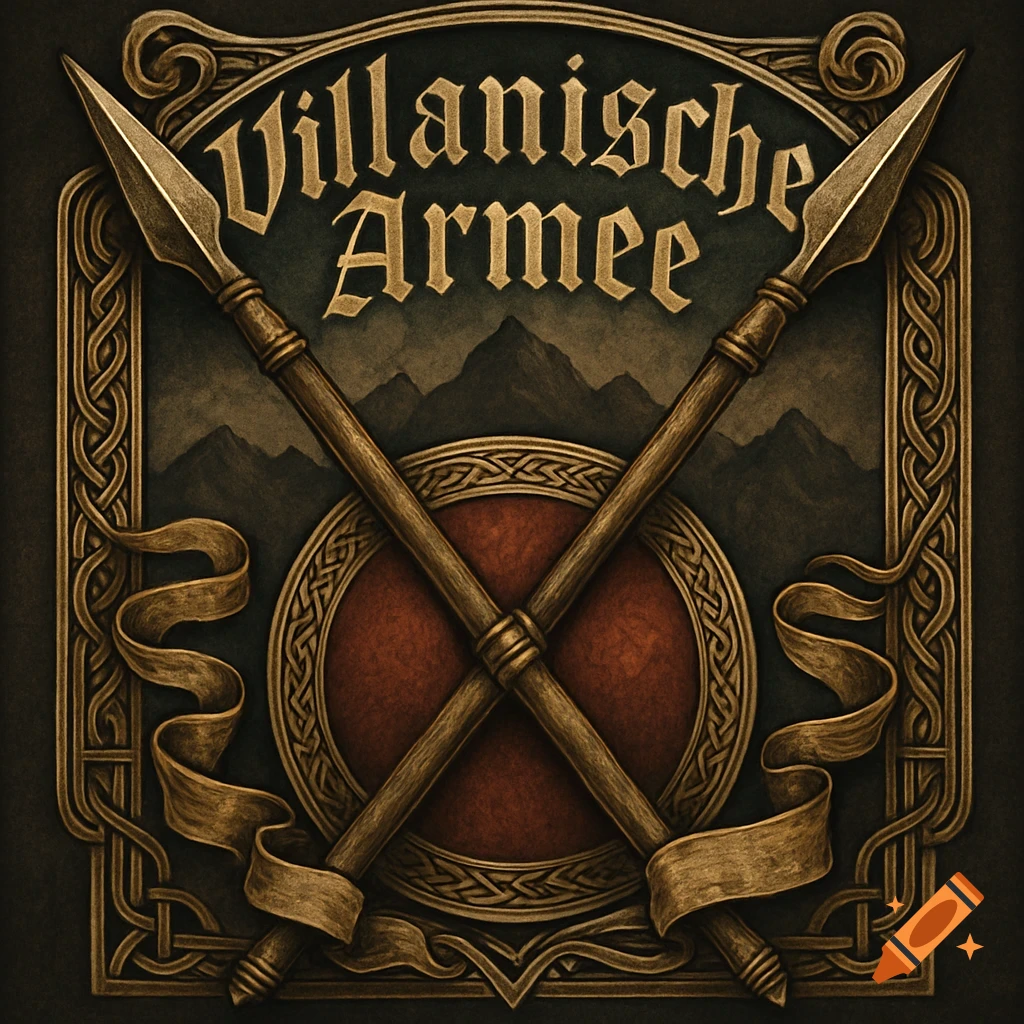 Medieval-style emblem with two crossed spears, a red shield, golden Celtic knot patterns, and the text 'Villanische Armee' over mountains.