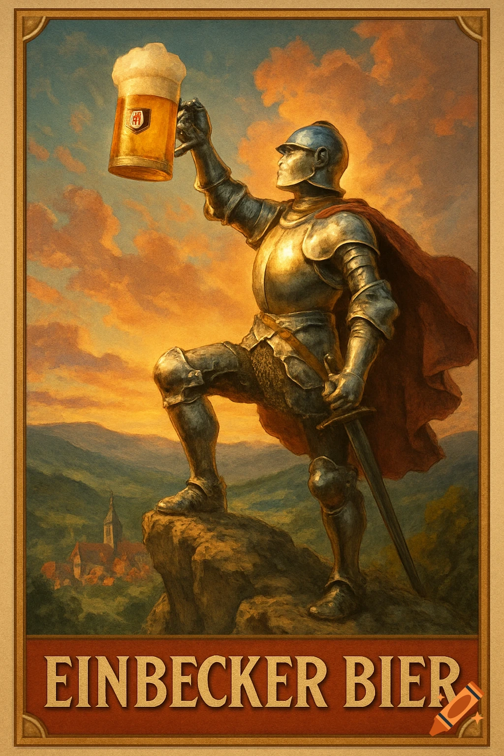 A knight in shining armor with a red cape, standing on a rock against a sunset sky, holding up a frothy mug of beer. Text reads "EINBECKER BIER" below.