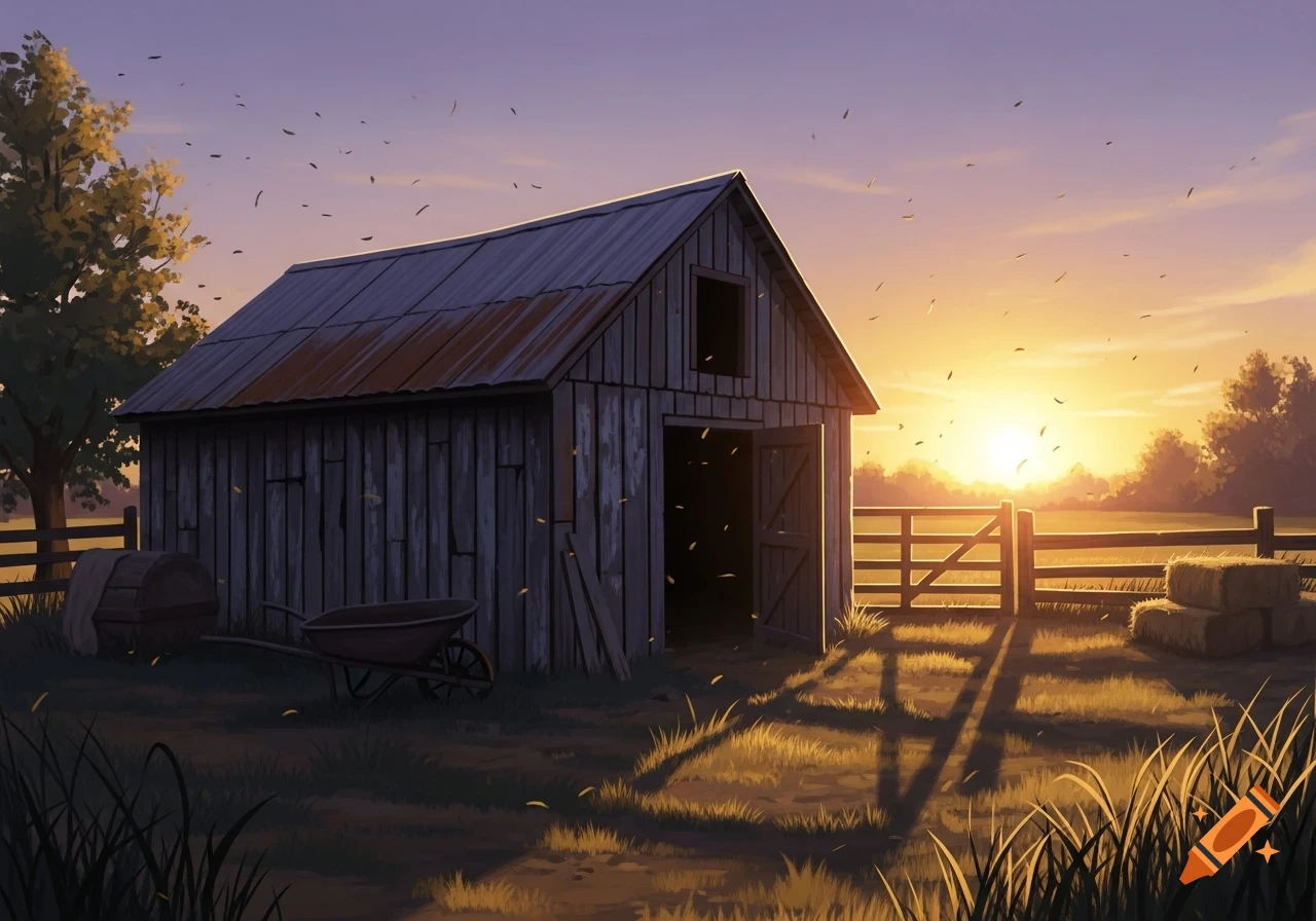 Stylized image of an old wooden shed and fence in a farmyard at sunset, bathed in warm golden light.