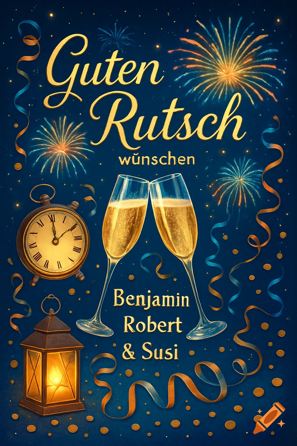 A New Year's greeting card with golden text 'Guten Rutsch wünschen Benjamin Robert & Susi', featuring two champagne glasses, fireworks, a clock, and a lantern against a dark blue background with ribbons and confetti.
