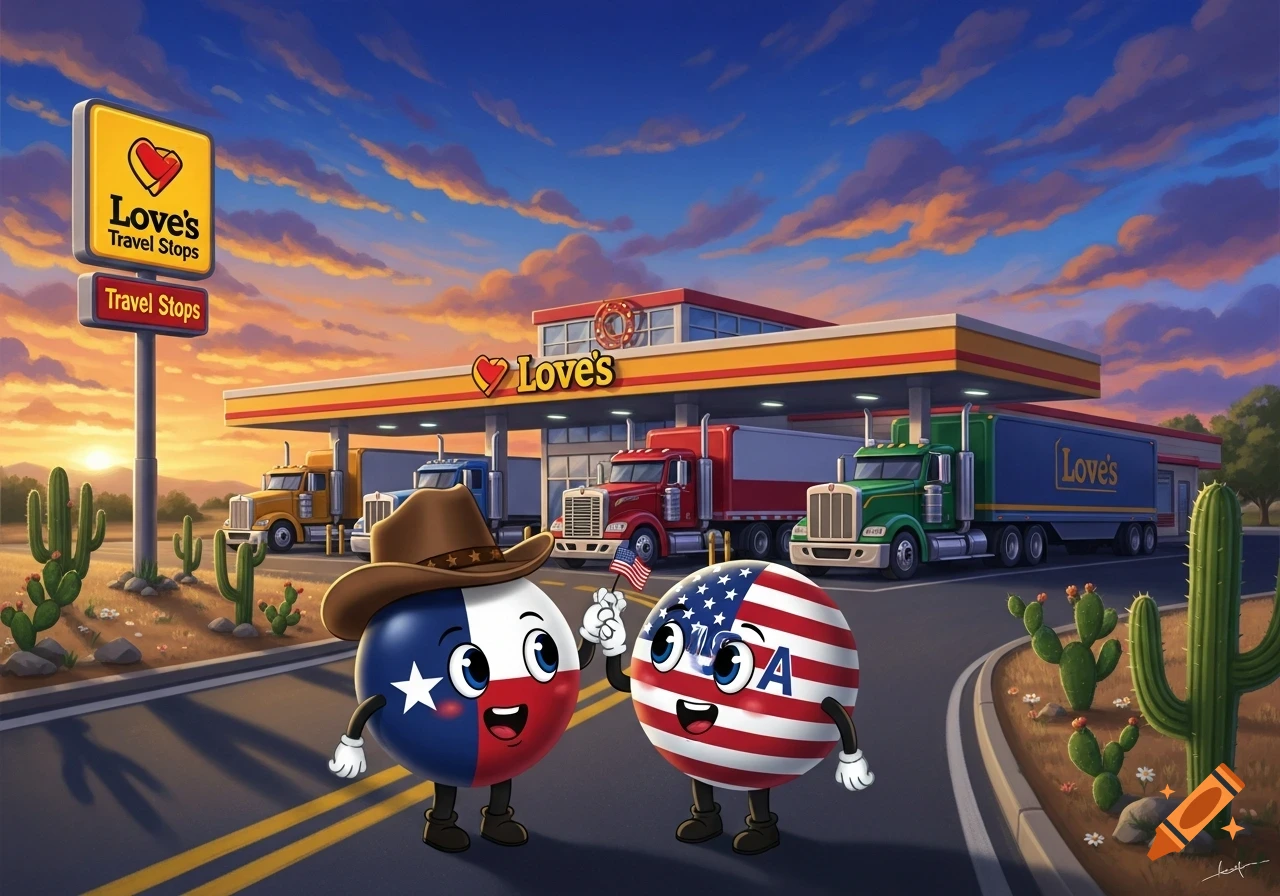 Cartoon country balls representing Texas and USA standing in front of a Love's Travel Stop with semi-trucks at sunset in a desert landscape.