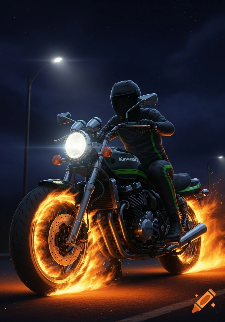 A rider on a green Kawasaki motorcycle with tires on fire, driving at night under streetlights in a photorealistic style.