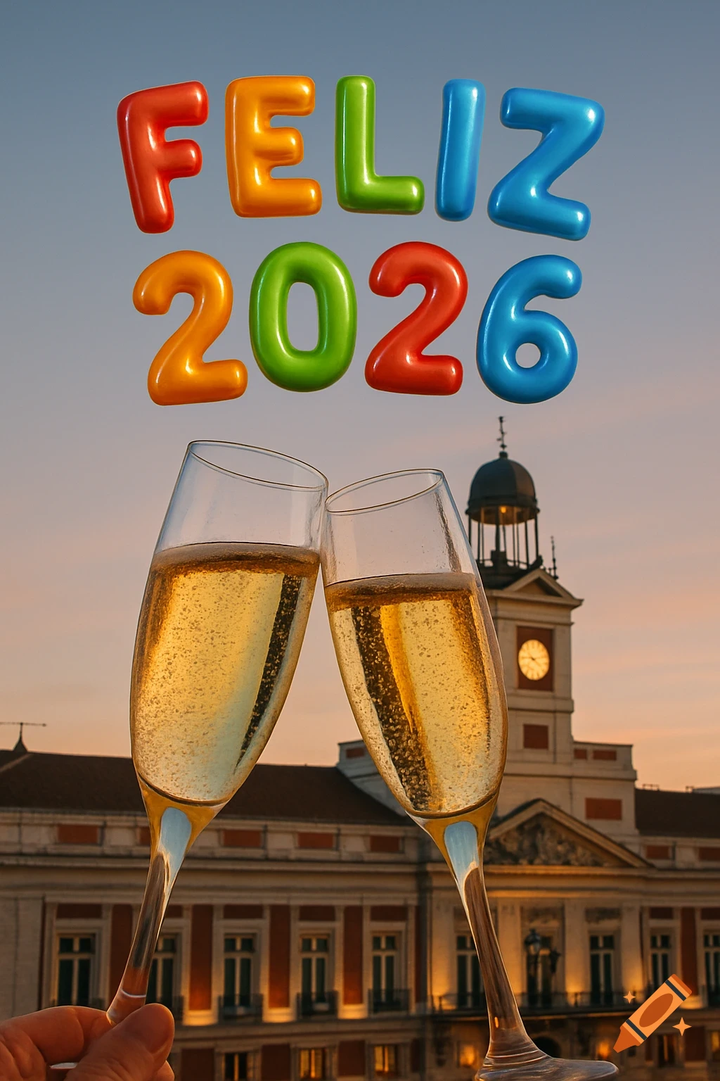 Two champagne glasses toast against a sunset sky over Madrid's Puerta del Sol, with colorful balloon letters 'FELIZ 2026' floating above.