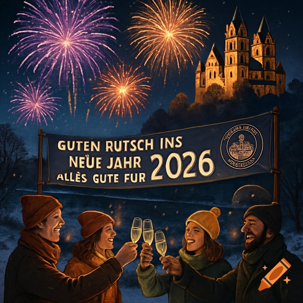 Four happy people celebrate New Year's Eve in the snow, toasting with champagne under fireworks and a banner displaying "GUTEN RUTSCH INS NEUE JAHR 2026". A castle is in the background.