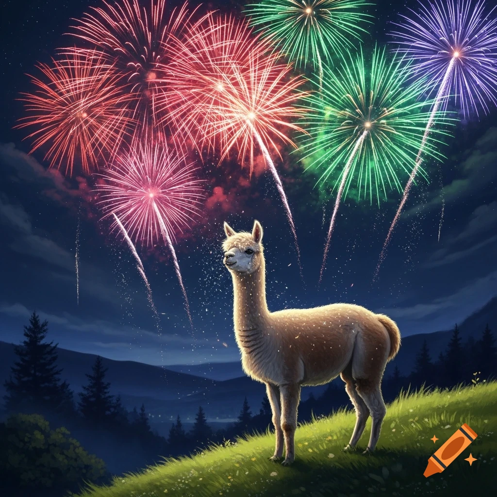 A llama stands on a grassy hill at night with colorful red, green, and purple fireworks exploding in the sky above a forested mountain range.