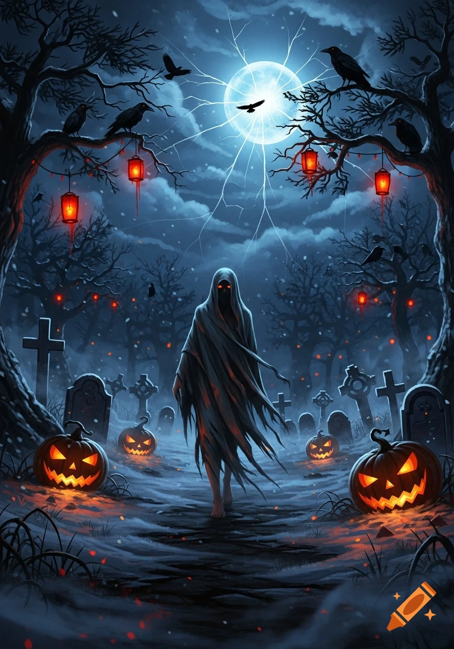 Dark fantasy illustration of a spectral figure in a graveyard with jack-o'-lanterns, red lanterns, and crows under a full moon.