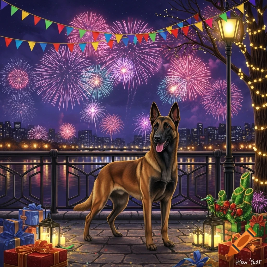 A Malinois dog stands on a path by a railing with a cityscape and colorful fireworks in the night sky. Festive bunting, gifts, and lanterns adorn the scene.