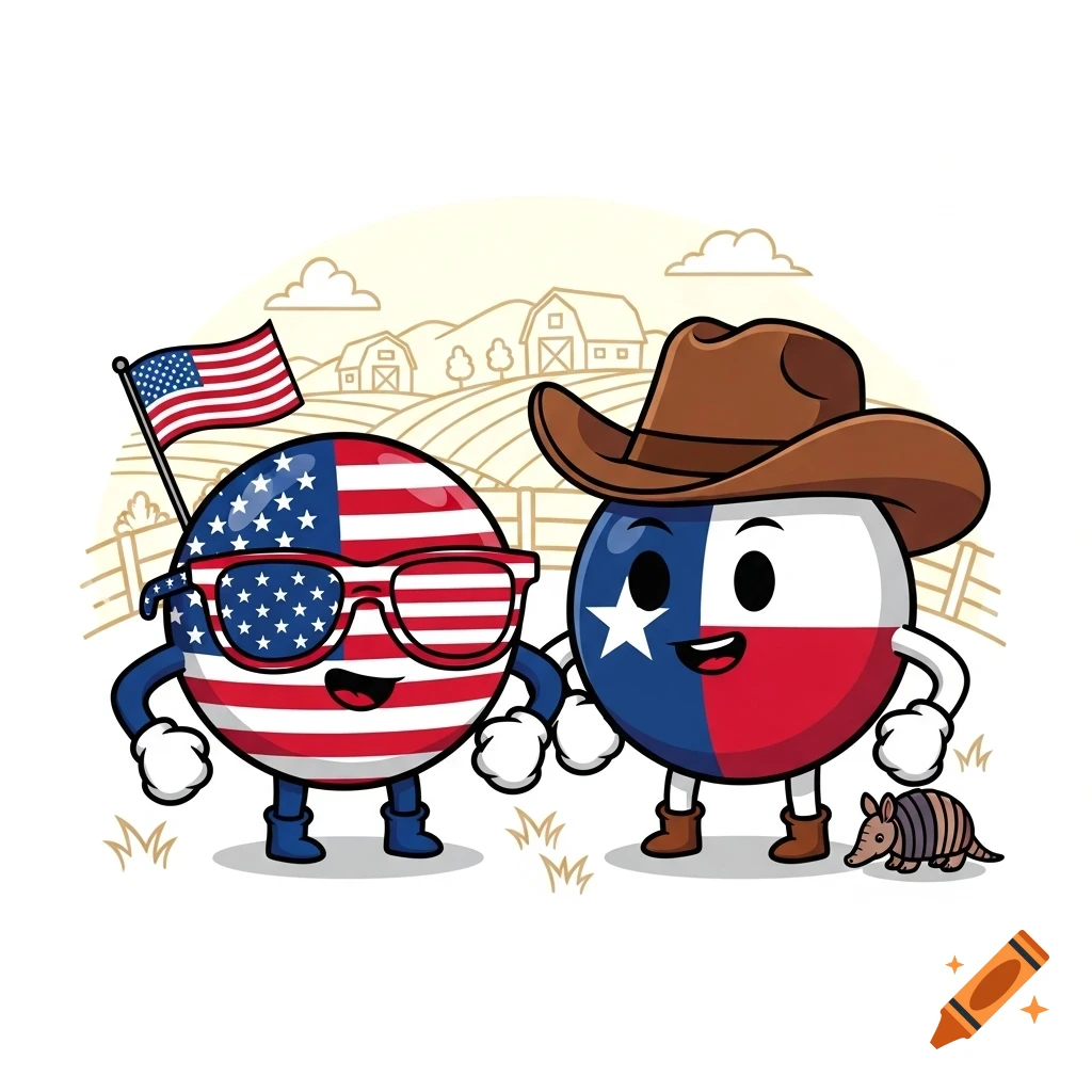 Cartoon of a USA flag ball with sunglasses and a small flag, next to a Texas flag ball in a cowboy hat, with an armadillo.