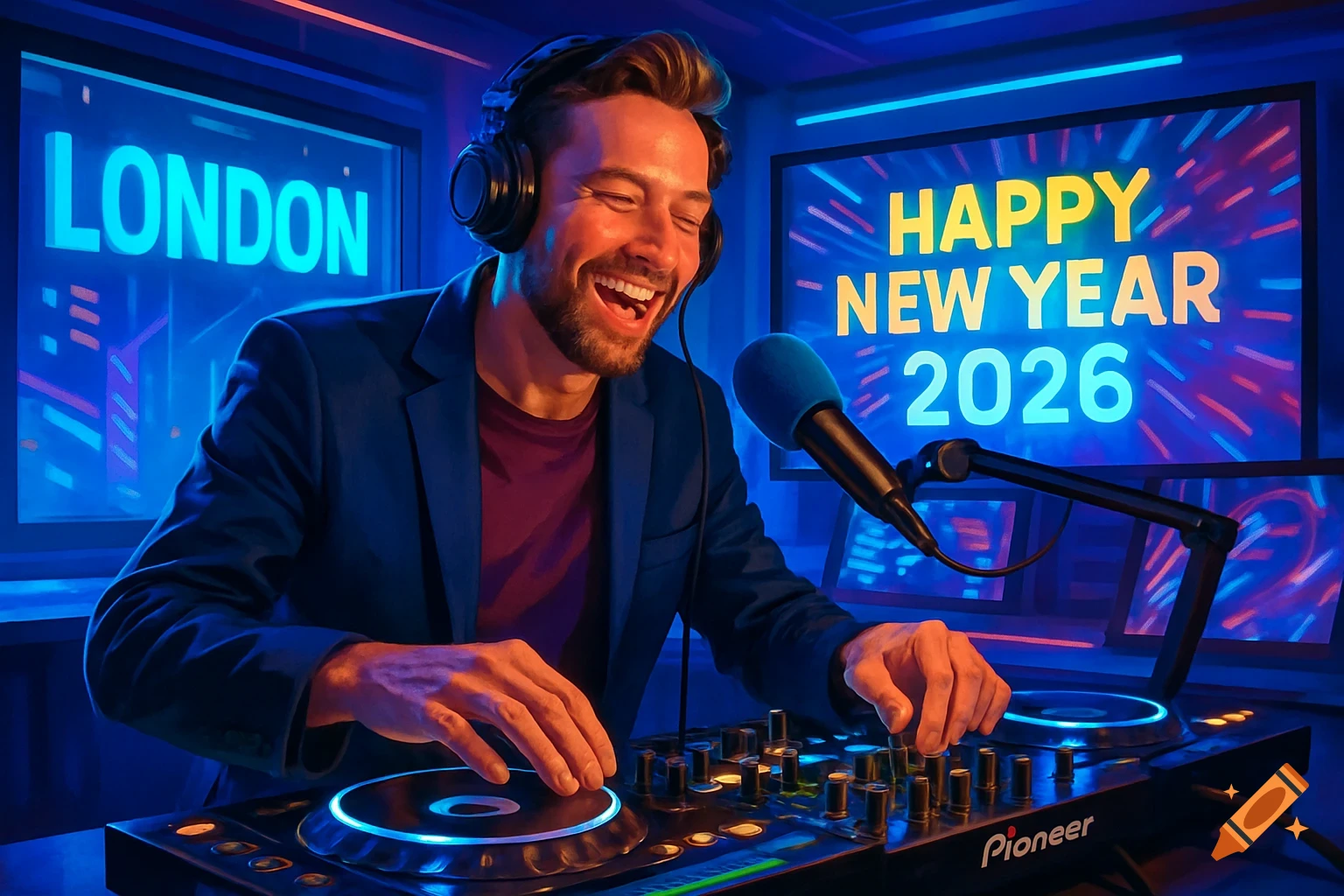 A smiling male DJ with headphones mixes on a Pioneer console, with "LONDON" and "HAPPY NEW YEAR 2026" screens in a neon studio.