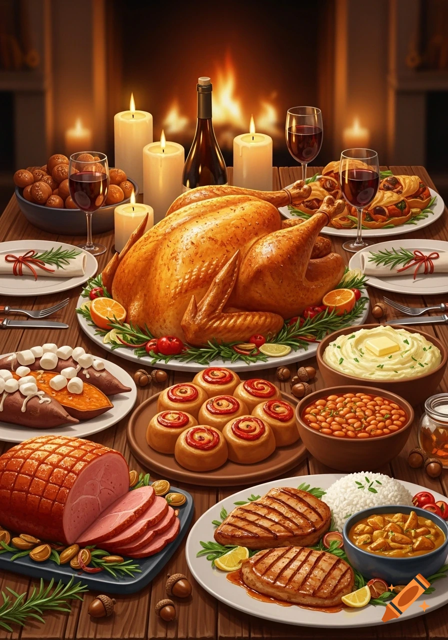A lavish Thanksgiving dinner with roasted turkey, sliced ham, mashed potatoes, sweet potatoes, baked beans, rolls, and grilled meat by a fireplace.
