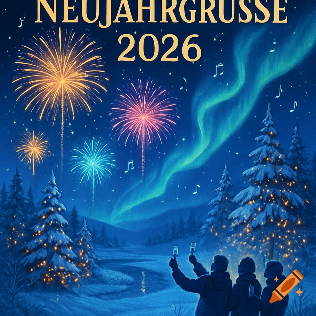 People toast in a snowy winter landscape with colorful fireworks and aurora borealis under a "NEUJAHRSGRÜSSE 2026" greeting.
