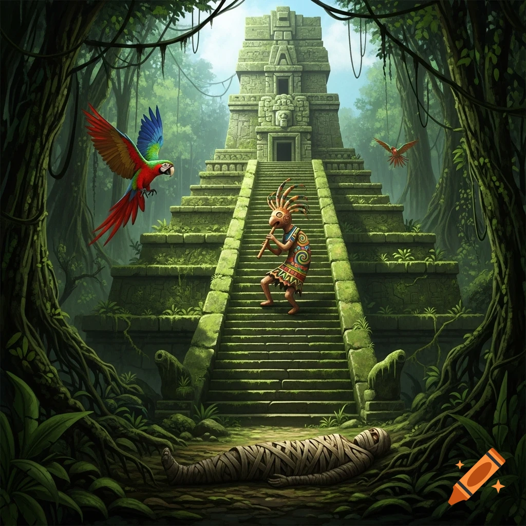 Detailed illustration of a mossy jungle temple. Kokopelli plays a flute on steps, a parrot flies, and a mummy lies at the base.
