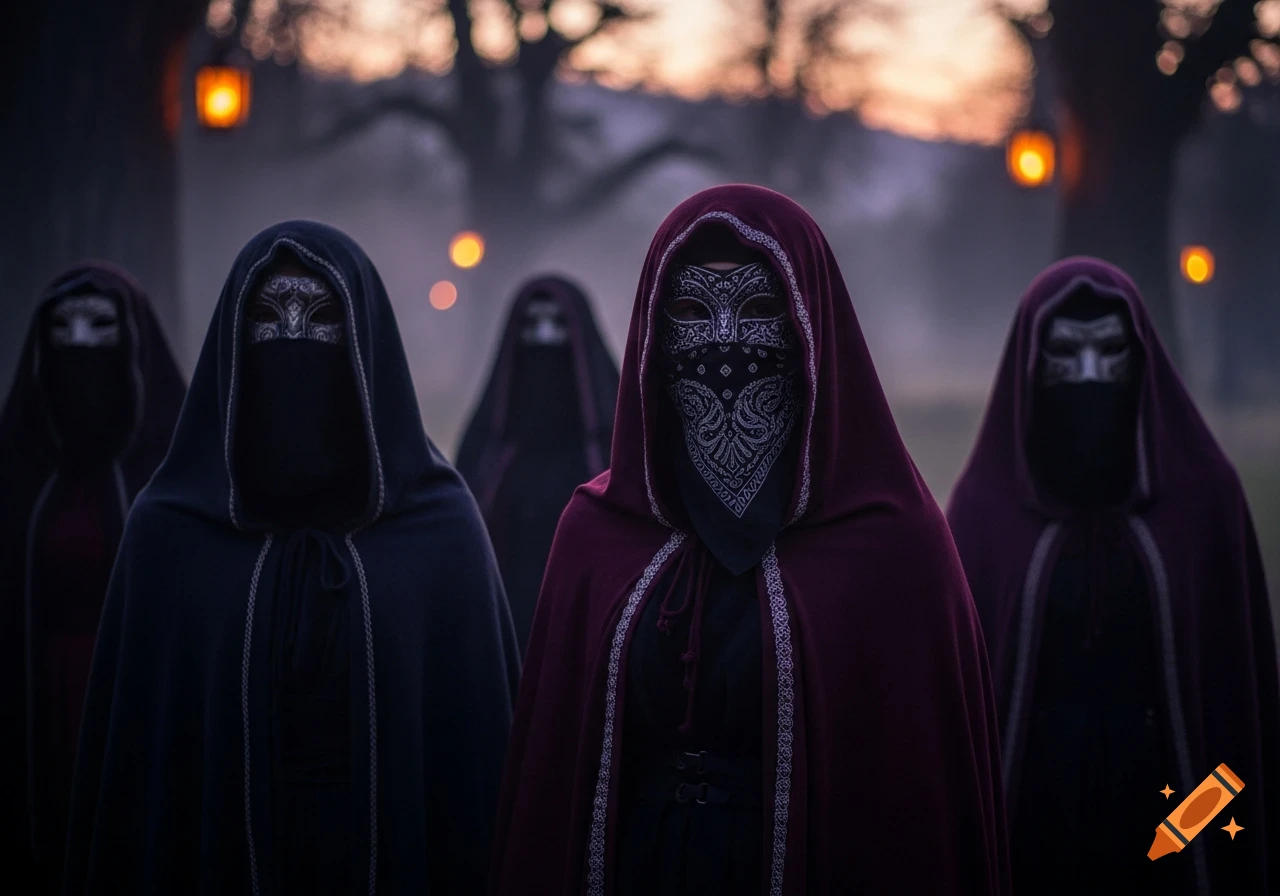 Five hooded figures wearing masks and bandanas stand in a misty, dark forest at dusk, with glowing lanterns in the background.