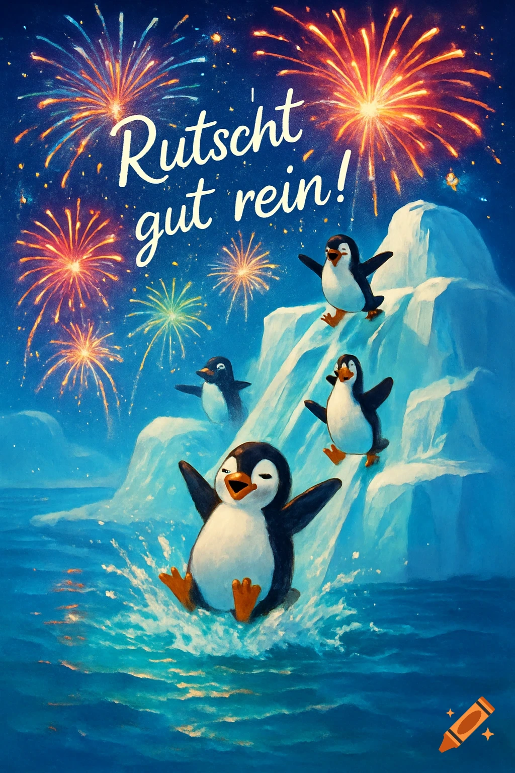 Cartoon penguins slide off an iceberg into water under colorful fireworks and the German greeting 'Rutscht gut rein!'.