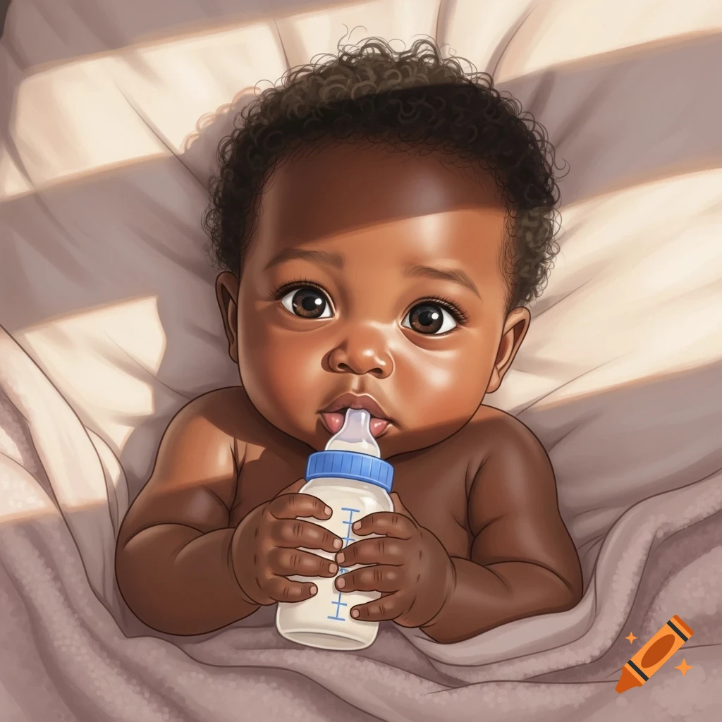 An adorable dark-skinned baby with curly hair lies on a blanket, drinking from a white and blue baby bottle in an illustrative style.